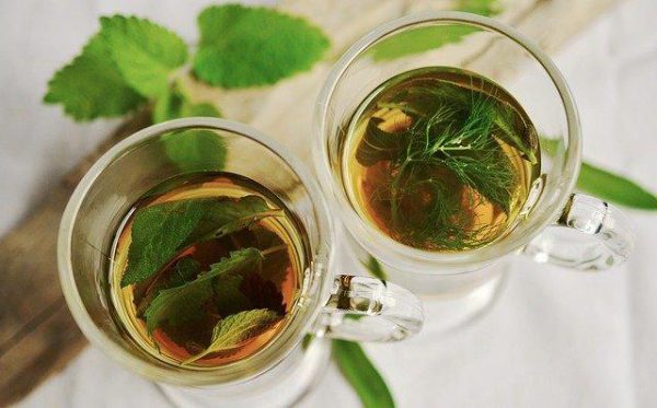 Dwie szklanki herbaty w jednej jest pokrzywa na obniżenie cholesterolu a w drugiej liście pokrzywy i kopru