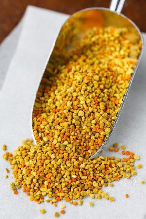 rozsypane żółte i pomarańczowe kawałki pyłku pszczelego w formie obnóży