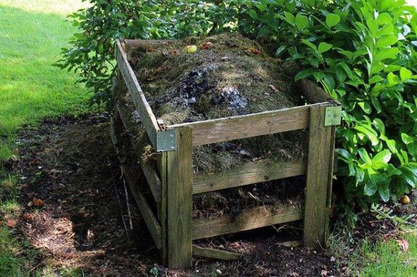 drewniany kompostnik wypełniony ogrodowymi odpadkami