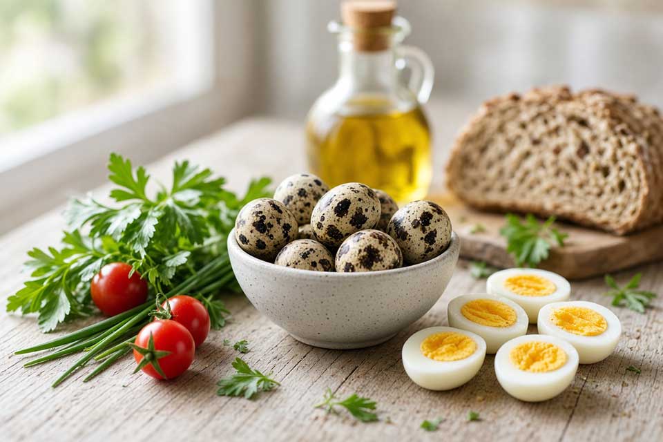 Jaja przepiórcze w miseczce obok przekrojonych jajek na twardo, pomidorków, pietruszki, oliwy i pieczywa pełnoziarnistego